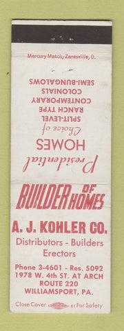 Matchbook Cover - AJ Kohler Builders Homes Williamsport PA