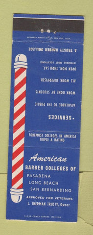 Matchbook Cover - American Barber Colleges Pasadena Long Beach San Bernardino CA