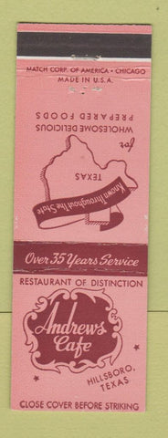 Matchbook Cover - Andrews Cafe Hillsboro TX