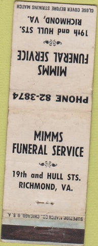 Matchbook Cover - Mimms Funeral Home Richmond VA WORN