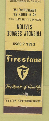 Matchbook Cover - Friendly Service oil gas Firestone Tires Lewisburg PA  YELLOW