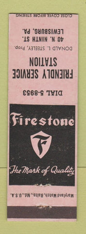 Matchbook Cover - Friendly Service oil gas Firestone Tires Lewisburg PA  PINK