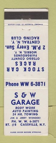 Matchbook Cover - S&W Garage Cassville NY Stock Car Racing Morris NY