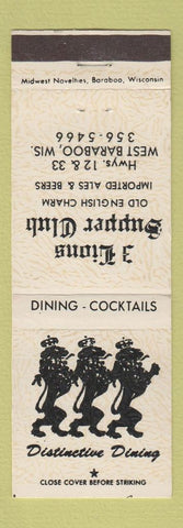 Matchbook Cover - 3 Lions Supper Club West Baraboo WI WHITE