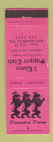 Matchbook Cover - 3 Lions Supper Club West Baraboo WI PINK