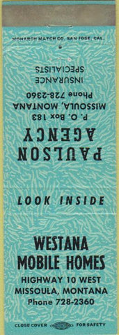 Matchbook Cover - Westana Mobile Homes Missoula MT teal