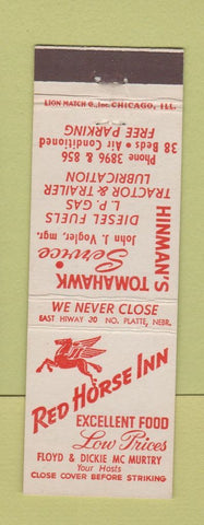 Matchbook Cover - Red Horse Inn Mobil oil gas Hinman's Tomahawk North Platte NE