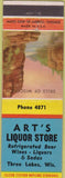Matchbook Cover - Art's Liquor Store Three Lakes WI