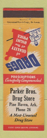 Matchbook Cover - Parker Bros Drug Store Pine Haven AR low phone #