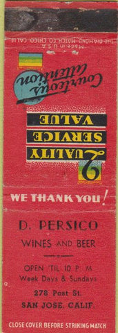 Matchbook Cover - D Persico Wine Beer San Jose CA WEAR