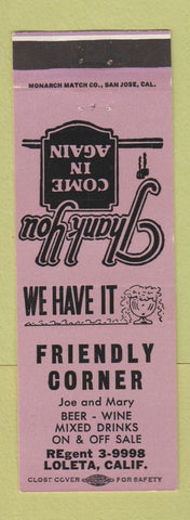 Matchbook Cover - Friendly Corner Restaurant Loleta CA