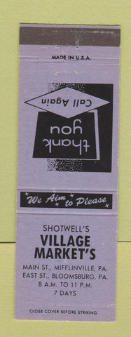 Matchbook Cover - Shotwell's Village Markets Mifflinville Bloomsburg PA PURPLE