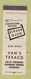 Matchbook Cover - Van's Texaco oil gas Colorado Springs WEAR