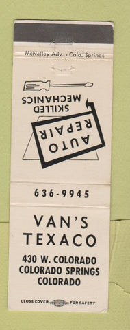 Matchbook Cover - Van's Texaco oil gas Colorado Springs WEAR