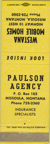 Matchbook Cover - Westana Mobile Homes Missoula MT yellow