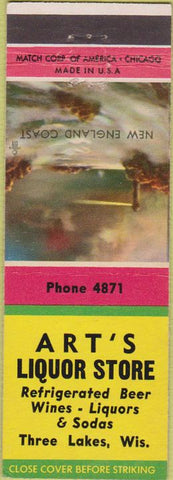 Matchbook Cover - Art's Liquor Store Three Lakes WI