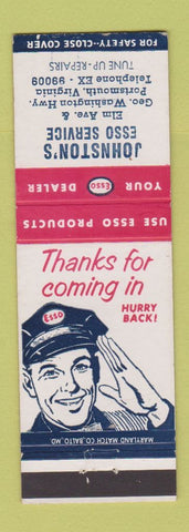 Matchbook Cover - Esso oil gas Johnston's Portsmouth VA