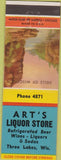 Matchbook Cover - Art's Liquor Store Three Lakes WI