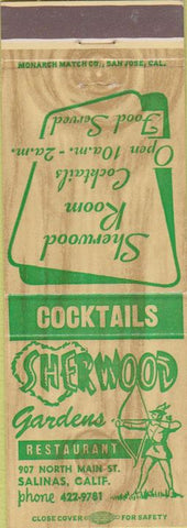 Matchbook Cover - Sherwood Gardens Restaurant Salinas CA