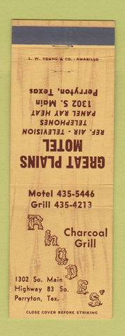 Matchbook Cover - Great Plains Motel Perryton TX Rhode's Charcoal Grill