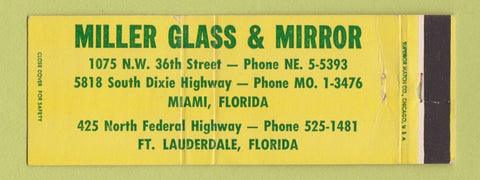 Matchbook Cover - Miller Glass & Mirror Fort Lauderdale Miami FL Full Length