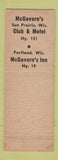 Matchbook Cover - Club Motel Inn McGovern's Sun Prairie Portland WI WEAR