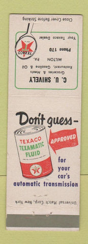 Matchbook Cover - CU Shively Texaco oil gas Milton PA grocery