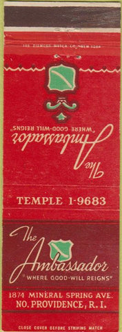 Matchbook Cover - Ambassador Hotel North Providence RI