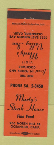 Matchbook Cover - Marty's Steak House Valley Inn Oceanside CA
