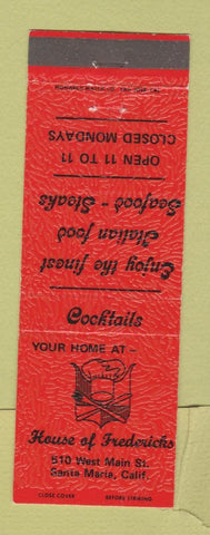 Matchbook Cover - House of Fredericks Santa Maria CA restaurant