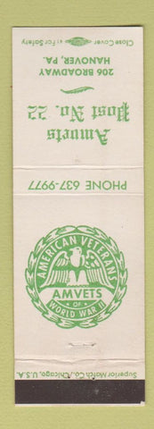 Matchbook Cover - Amvet Post #22 Hanover PA American Veterans
