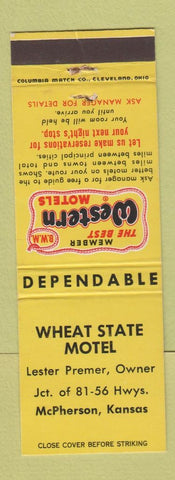 Matchbook Cover - Wheat State Motel McPherson KS Best Western