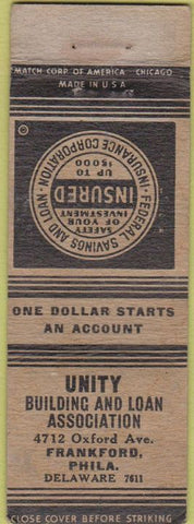 Matchbook Cover - Unity Loan Philadelphia PA WORN ERROR
