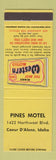 Matchbook Cover - Pines Motel Coeur D'Alene ID Best Western