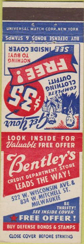 Matchbook Cover - Bentley's Clothing Milwaukee WI