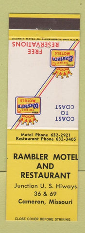 Matchbook Cover - Rambler Motel Restaurant Best Western Cameron MO