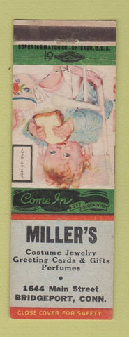 Matchbook Cover - Miller's Costume Jewelry Greeting Cards Bridgeport CT