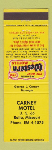 Matchbook Cover - Carney Motel Rolla MO Route 66 Best Western