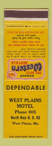 Matchbook Cover - West Plains Motel West Plains MO Best Western