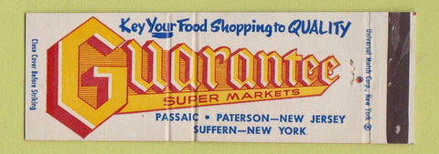 Matchbook Cover - Guarantee Super Market Grocery Passaic Paterson NJ Suffern NY