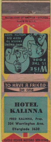 Matchbook Cover - Hotel Kalinna  Pittsburgh PA WORN