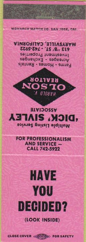 Matchbook Cover - Harold Olson Realtor Marysville CA pink
