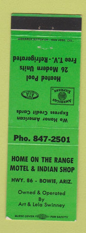 Matchbook Cover - Home on the Range Motel Indian Shop Bowie AZ
