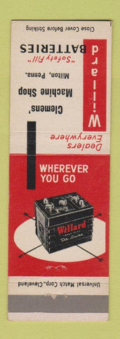 Matchbook Cover - Willard Car Batteries Clemens' Machine Shop Milton PA