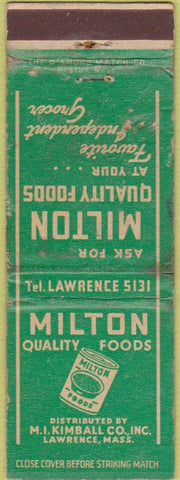 Matchbook Cover - Milton Quality Foods Lawrence MA WORN