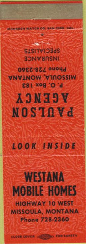 Matchbook Cover - Westana Mobile Homes Missoula MT orange