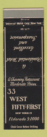 Matchbook Cover - 33 West 51st New York City