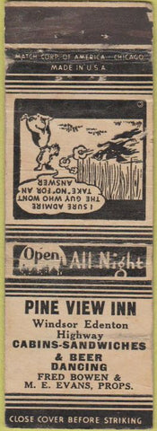 Matchbook Cover - Pine View Inn Windsor Edenton Highway