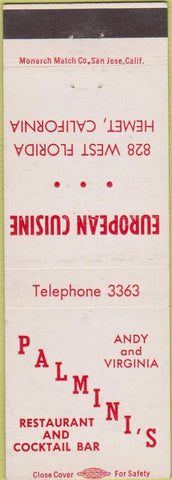 Matchbook Cover - Palmini's Restaurant Hemet CA
