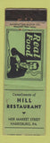 Matchbook Cover - Hill Restaurant Harrisburg PA WORN